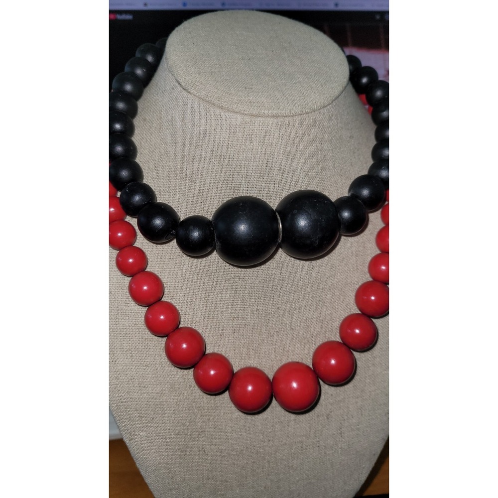 Vintage Necklace Lot of 2 Black Wood Magnetic Clasp Red Graduated Beads